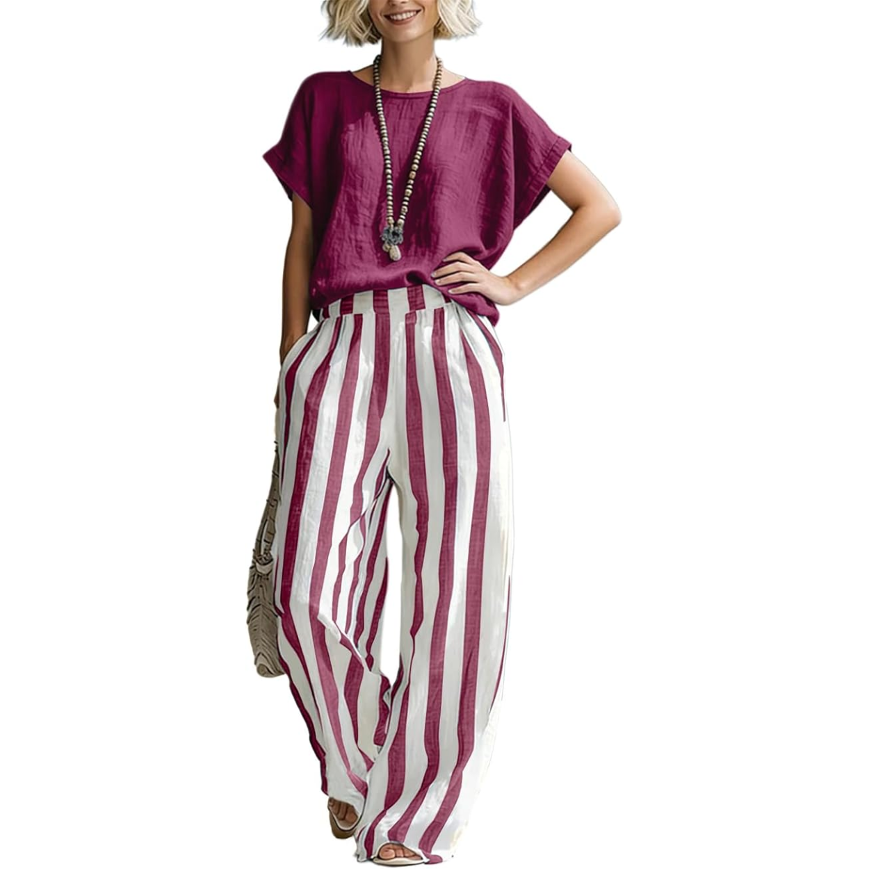 2 Piece Lounge Set with Short Sleeve Top and Striped Pants For Women