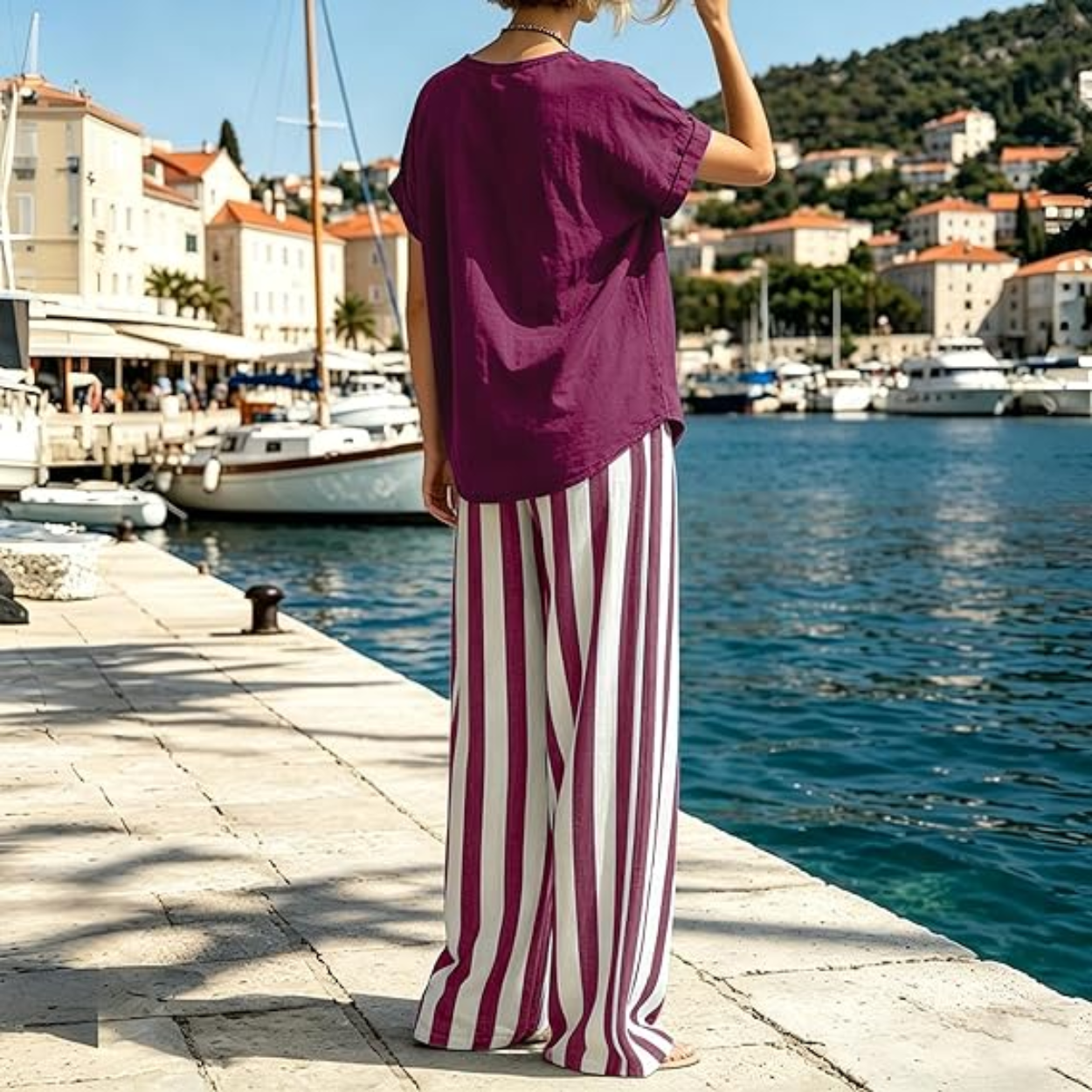 2 Piece Lounge Set with Short Sleeve Top and Striped Pants For Women