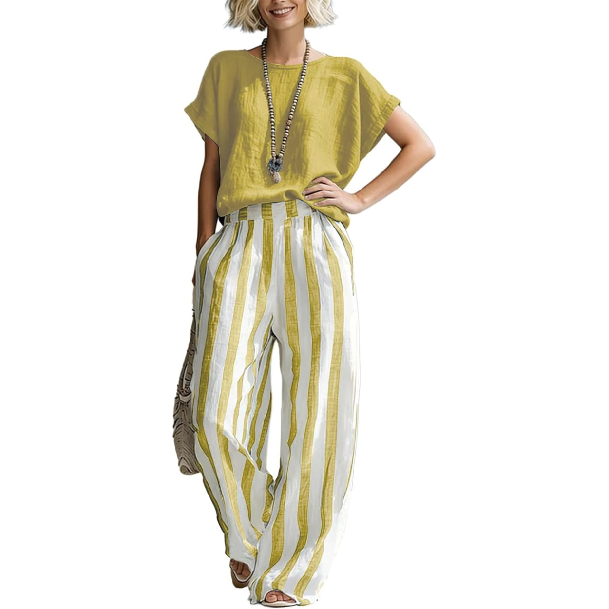 2 Piece Lounge Set with Short Sleeve Top and Striped Pants For Women