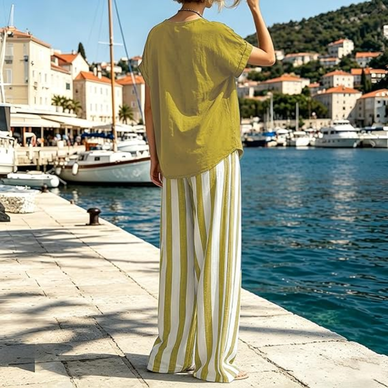 2 Piece Lounge Set with Short Sleeve Top and Striped Pants For Women