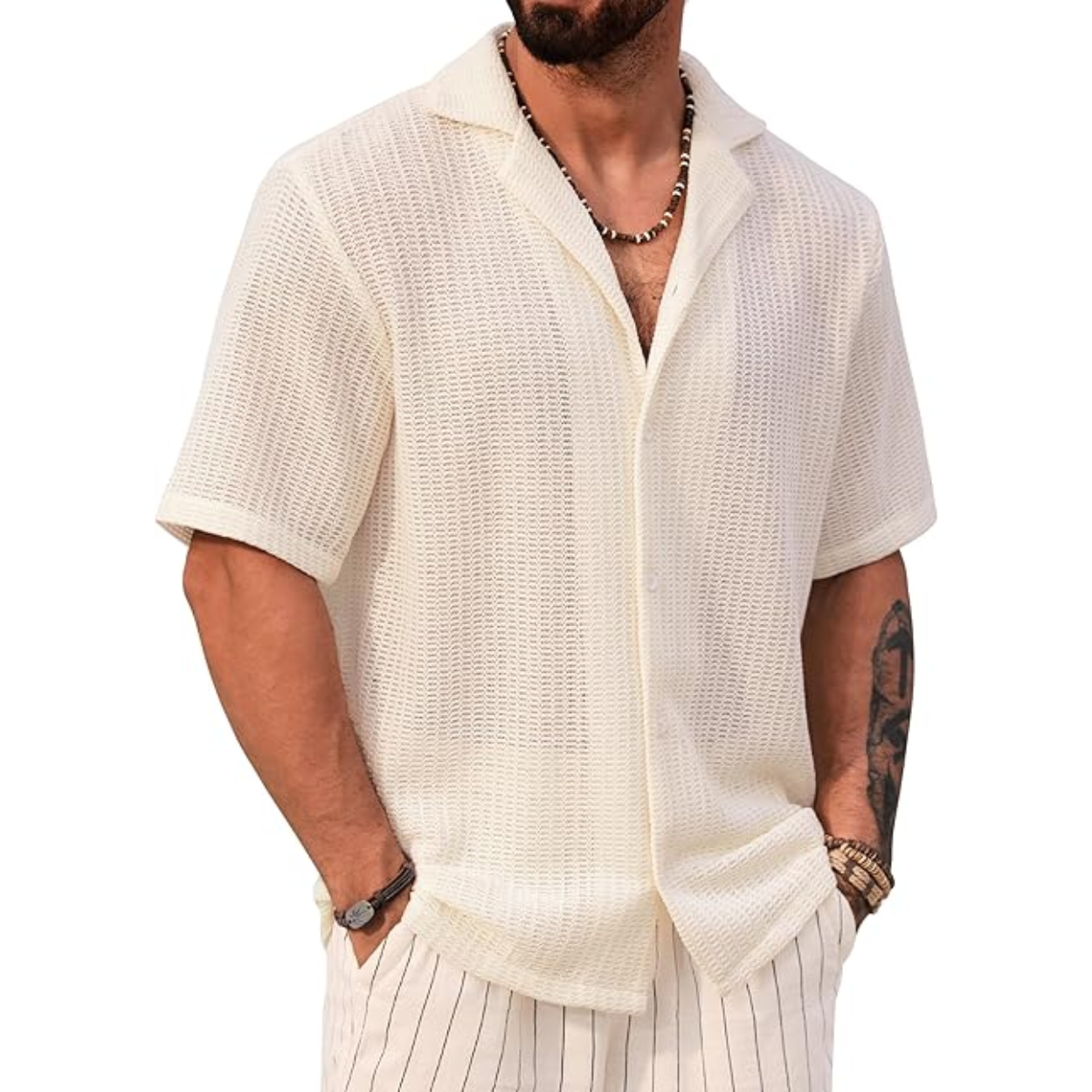 Summer Mesh Shirt With Crochet Design And Button Down Style For Men