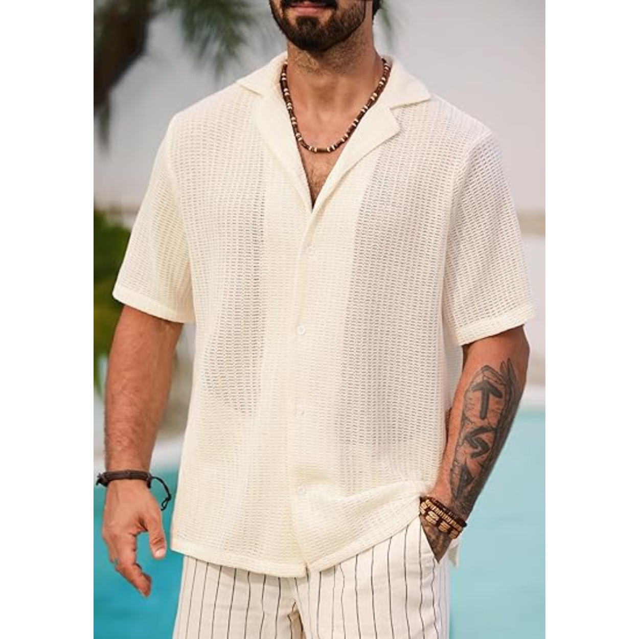 Summer Mesh Shirt With Crochet Design And Button Down Style For Men