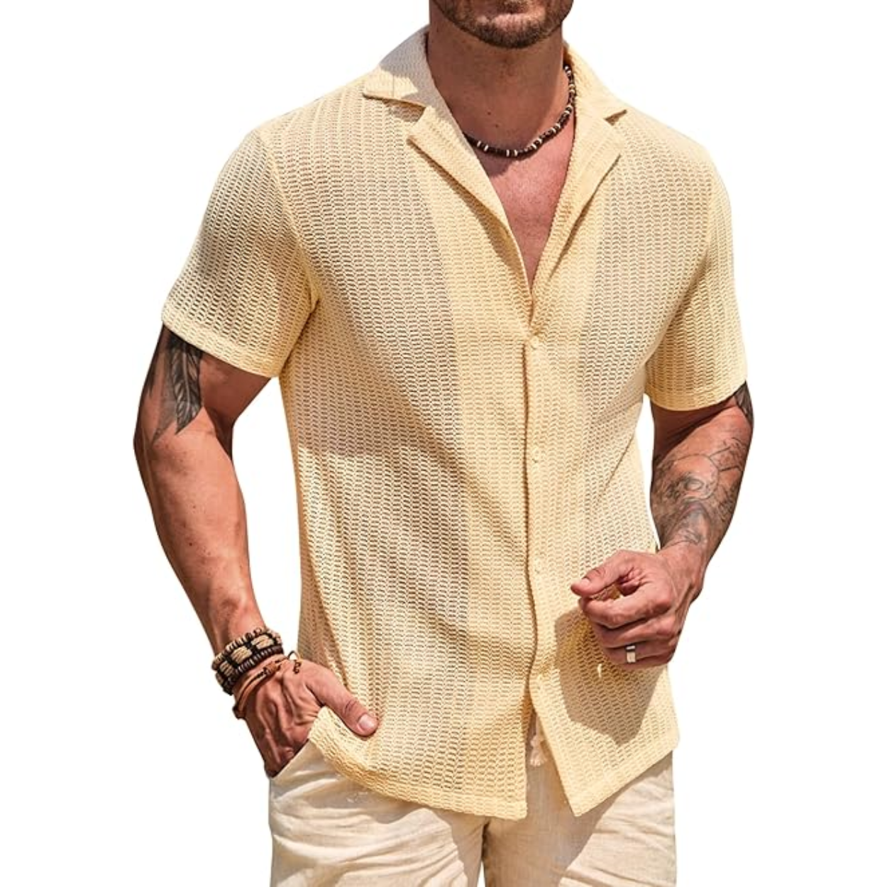 Summer Mesh Shirt With Crochet Design And Button Down Style For Men