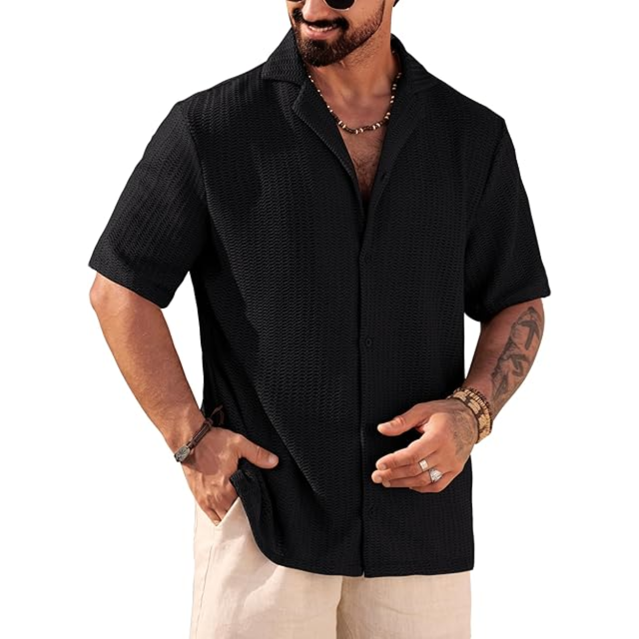 Summer Mesh Shirt With Crochet Design And Button Down Style For Men