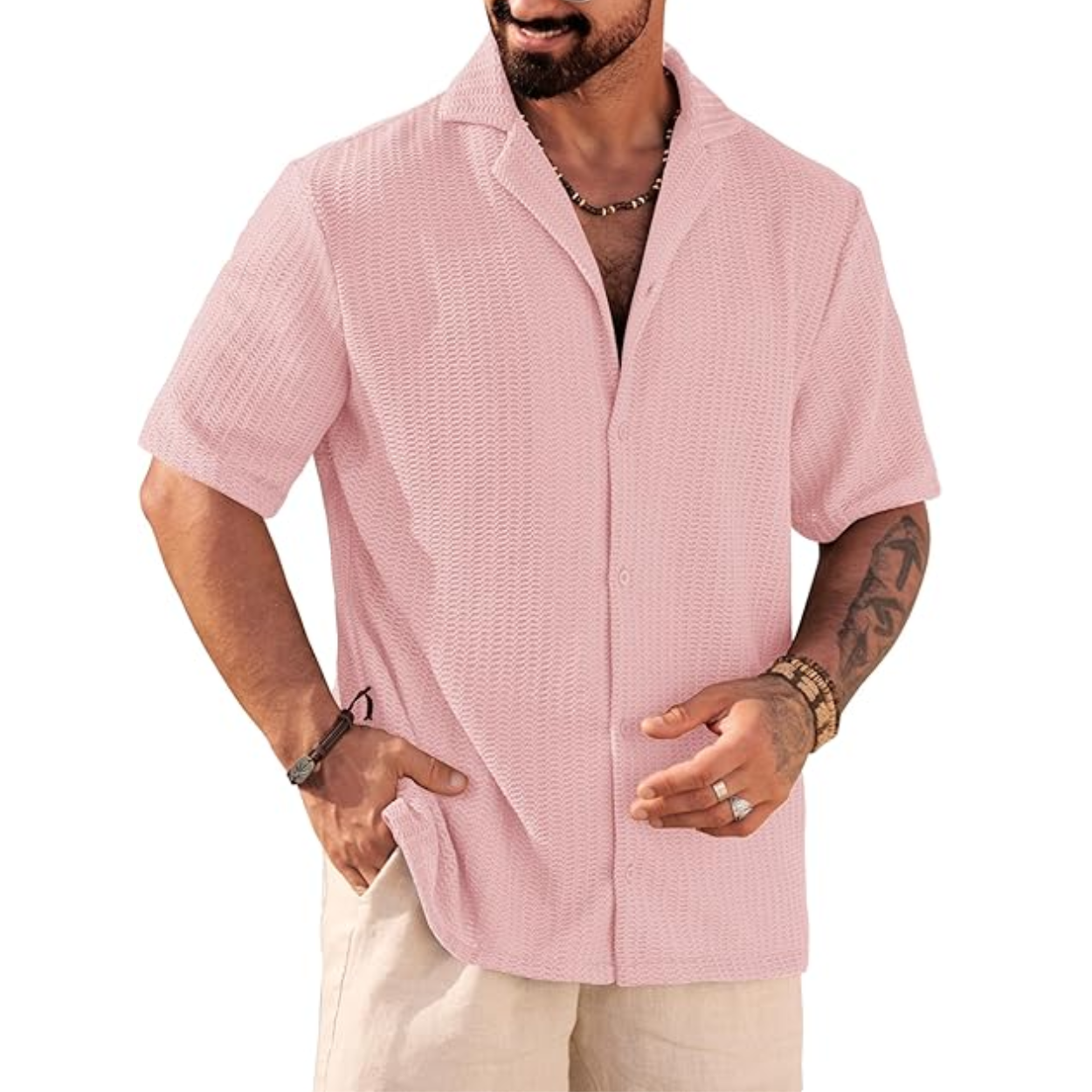 Summer Mesh Shirt With Crochet Design And Button Down Style For Men