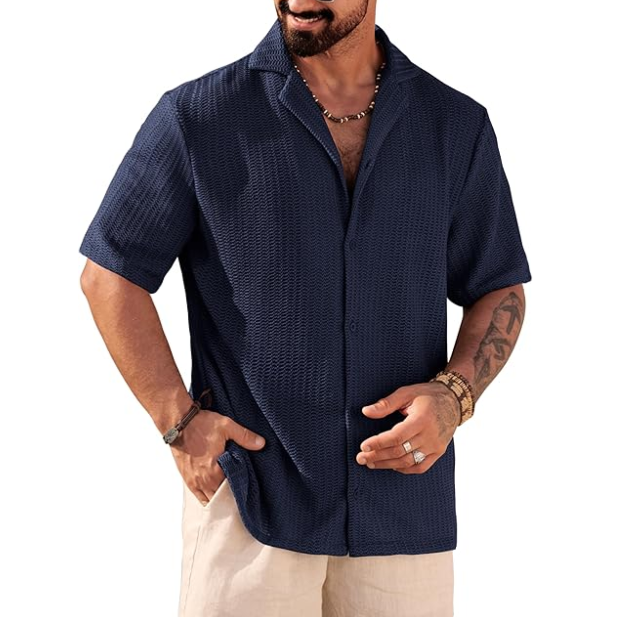 Summer Mesh Shirt With Crochet Design And Button Down Style For Men