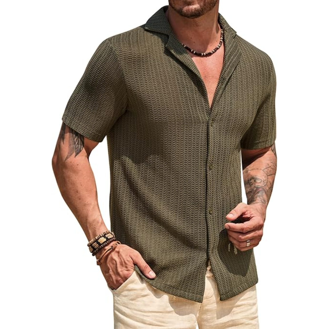 Summer Mesh Shirt With Crochet Design And Button Down Style For Men