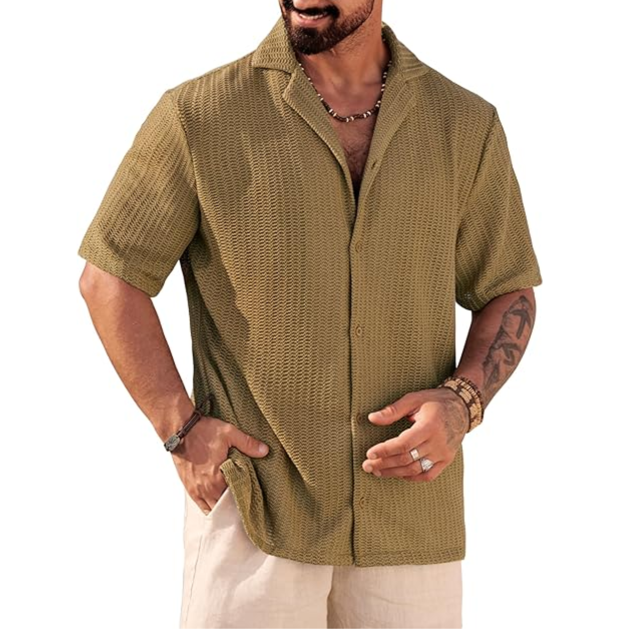 Summer Mesh Shirt With Crochet Design And Button Down Style For Men