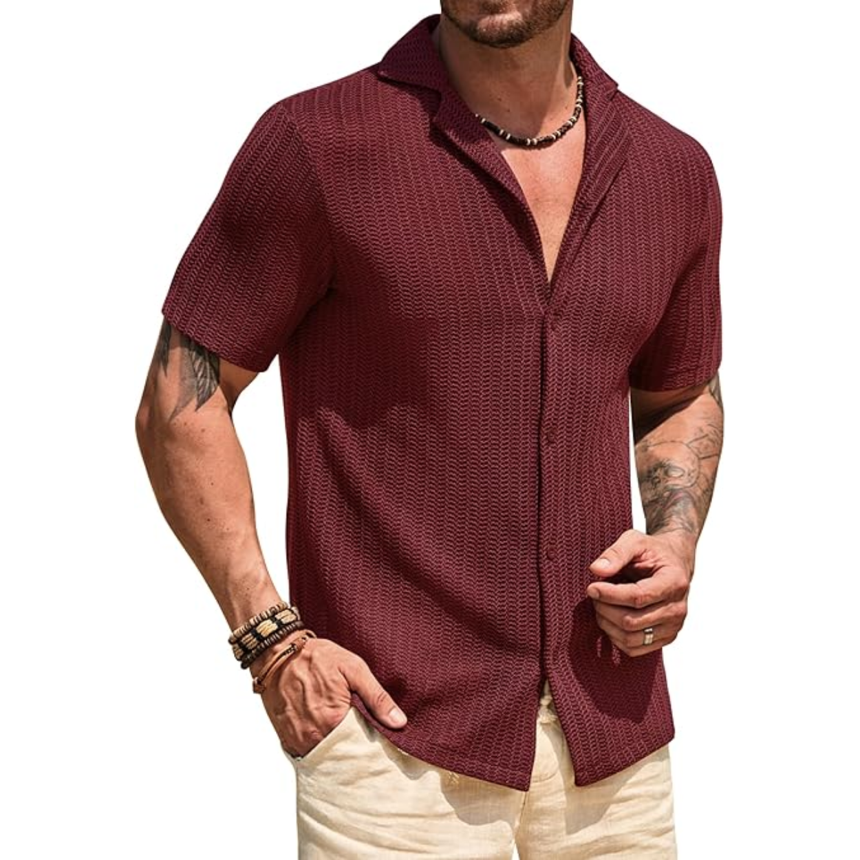 Summer Mesh Shirt With Crochet Design And Button Down Style For Men