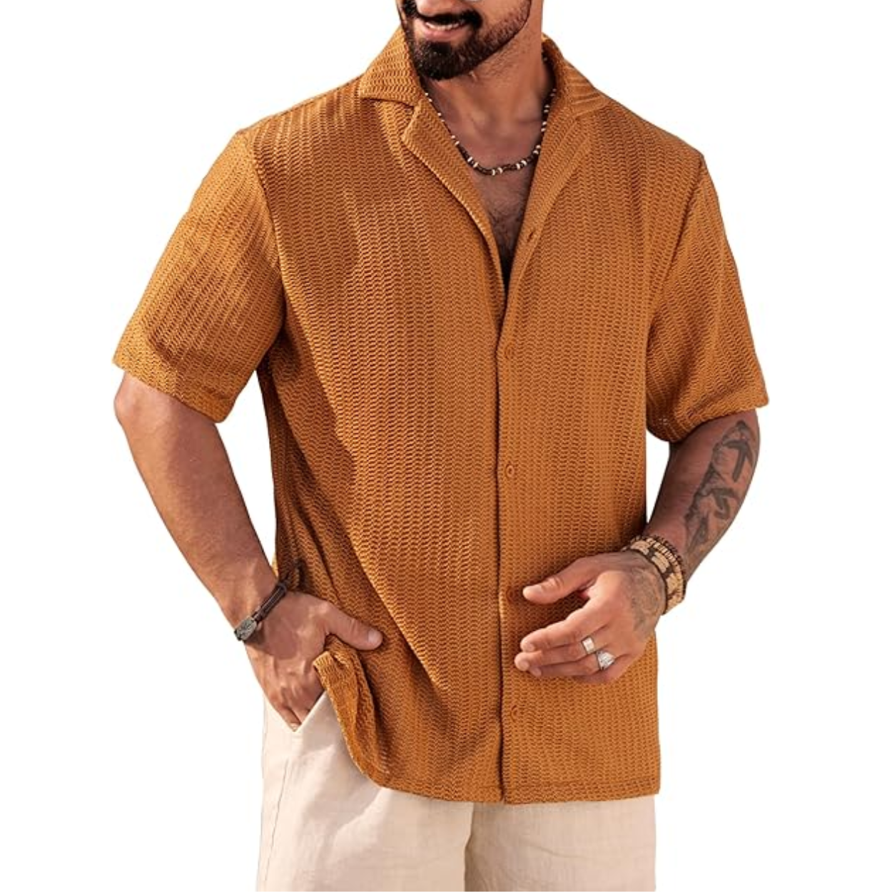 Summer Mesh Shirt With Crochet Design And Button Down Style For Men