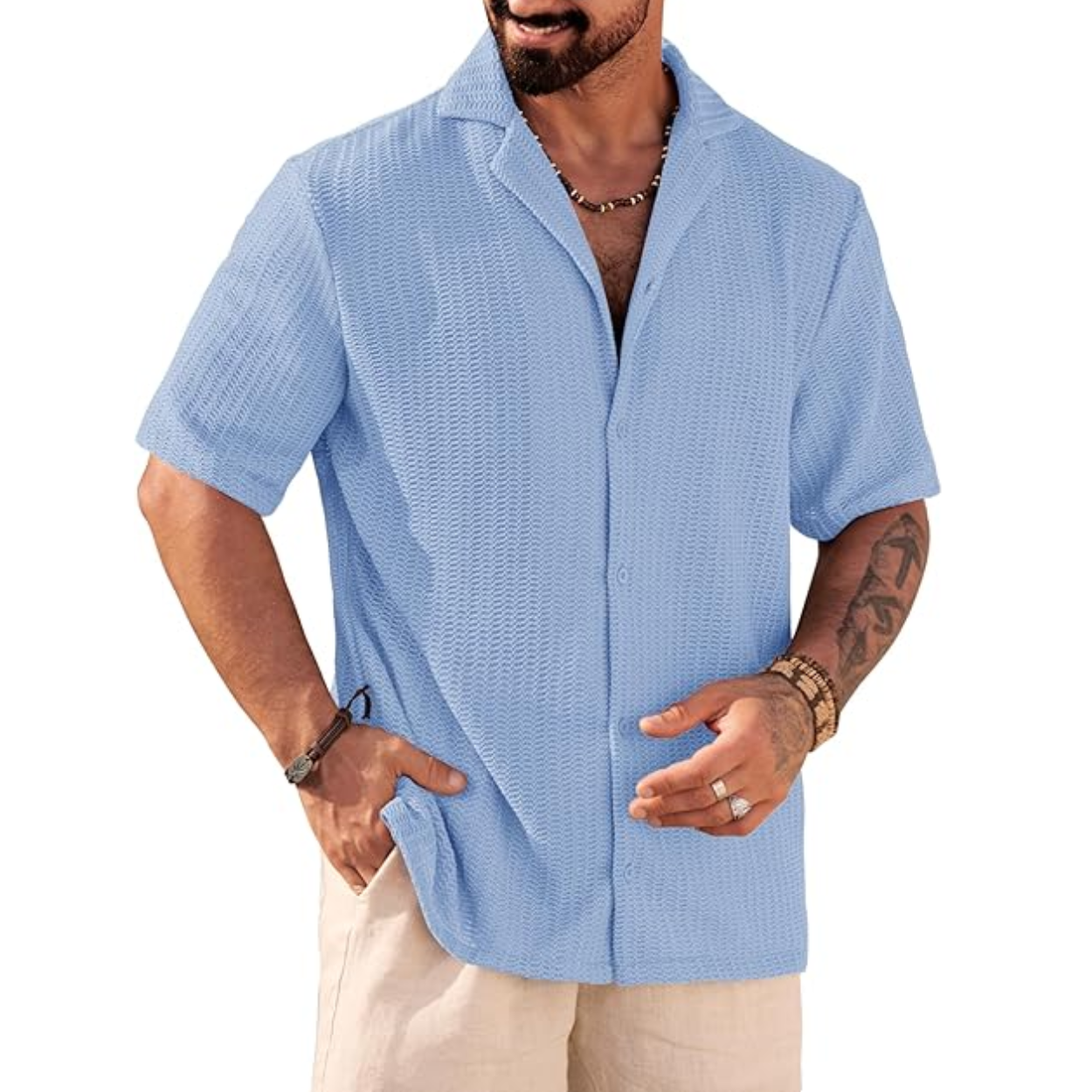 Summer Mesh Shirt With Crochet Design And Button Down Style For Men