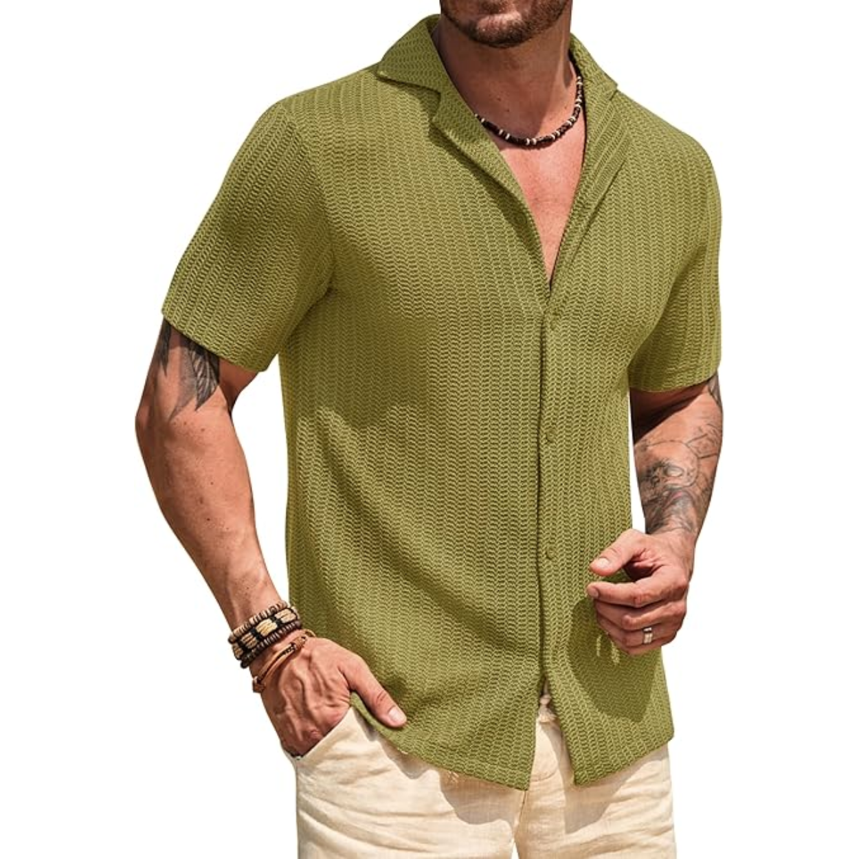 Summer Mesh Shirt With Crochet Design And Button Down Style For Men
