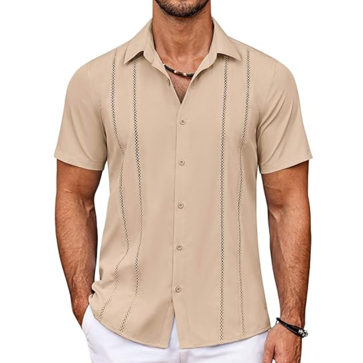 Cuban Guayabera Shirt With Short Sleeve And Button Down Style For Men