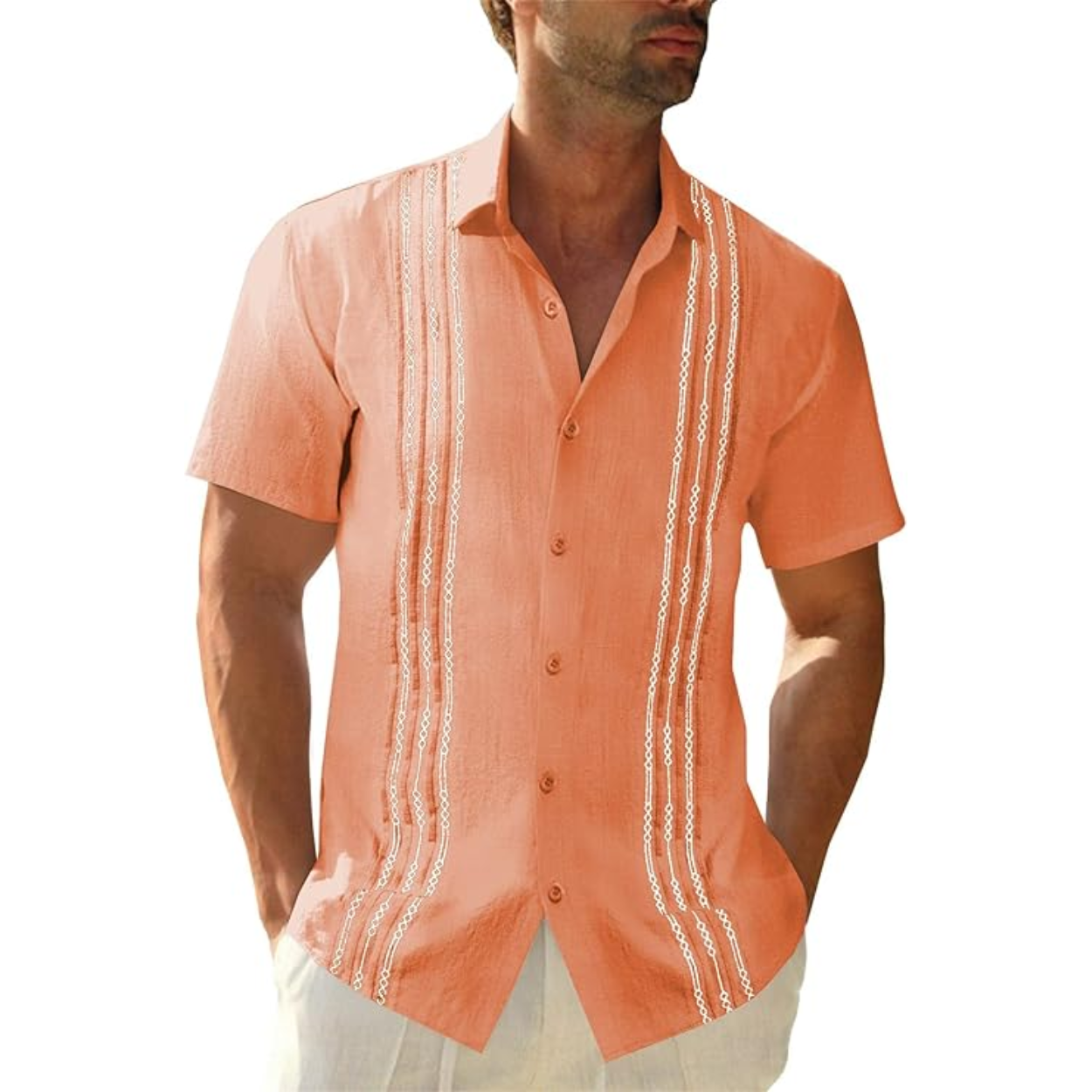 Casual Cuban Shirt With Short Sleeves And Guayabera Style For Men