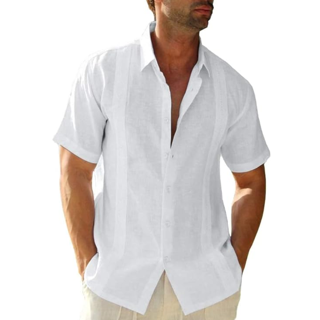 Casual Beach Shirt With Cuban Camp Style And Button Down Front For Men
