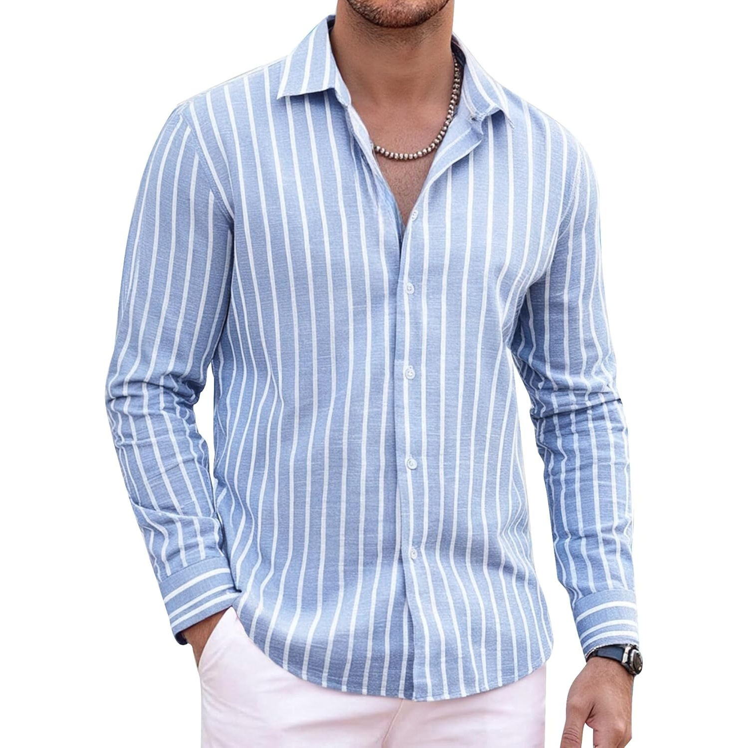 Button Down Beach Style Casual Linen Long Sleeve Shirt 