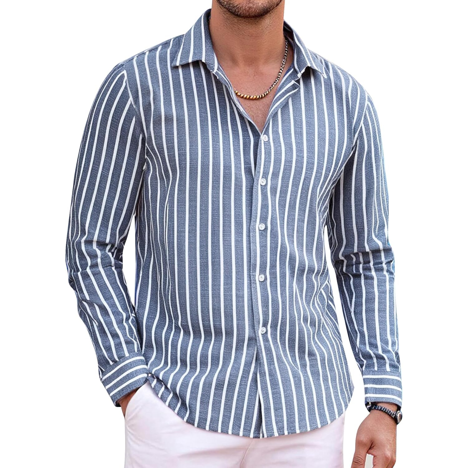 Button Down Beach Style Casual Linen Long Sleeve Shirt 