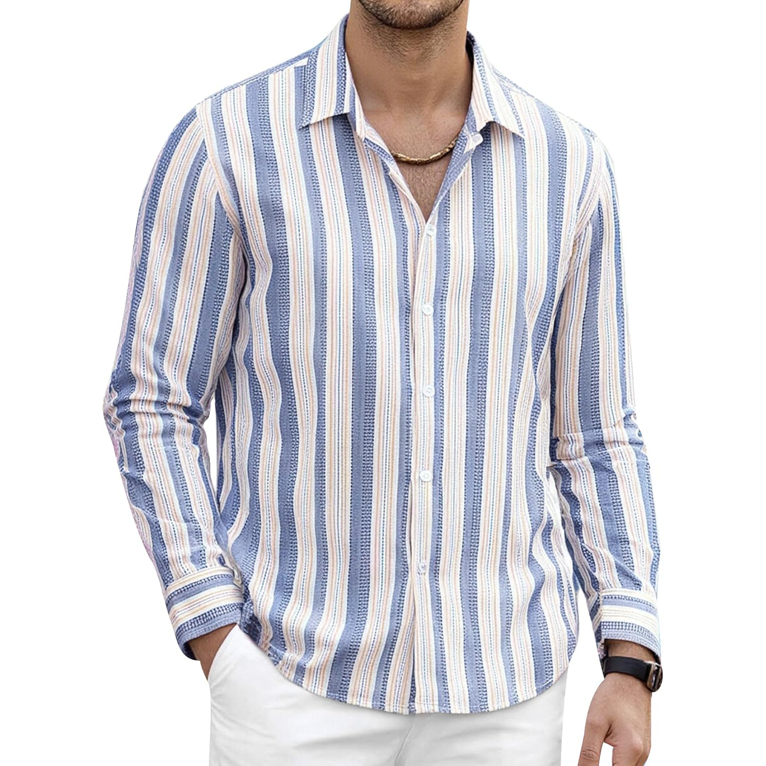 Button Down Beach Style Casual Linen Long Sleeve Shirt 