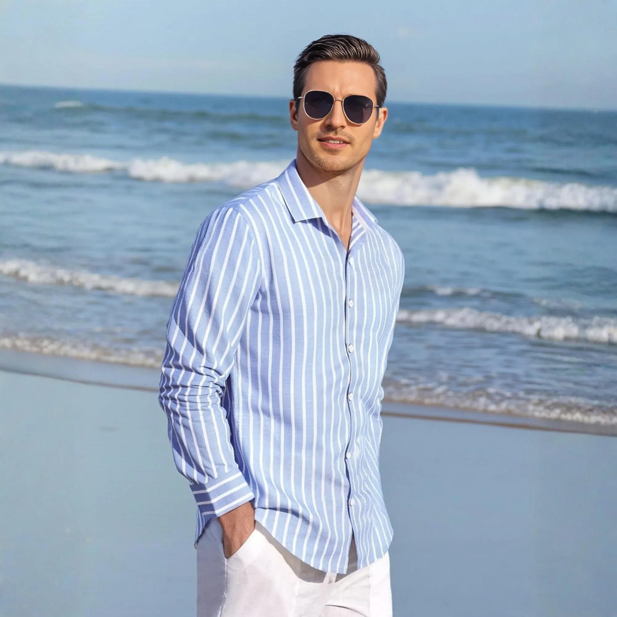 Button Down Beach Style Casual Linen Long Sleeve Shirt 
