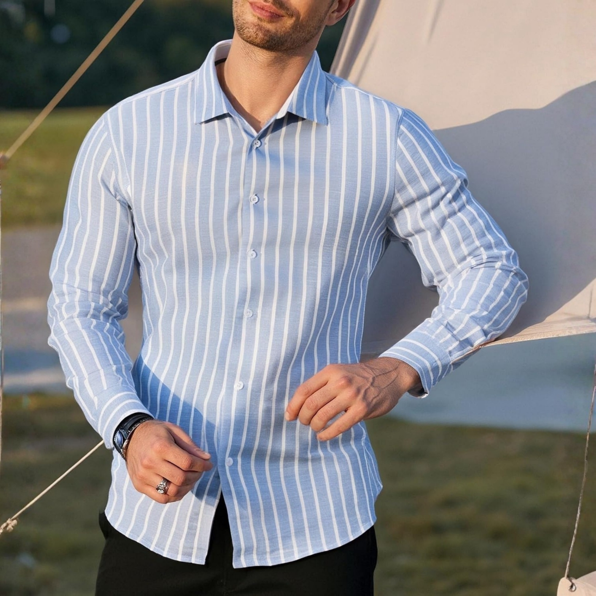 Button Down Beach Style Casual Linen Long Sleeve Shirt 