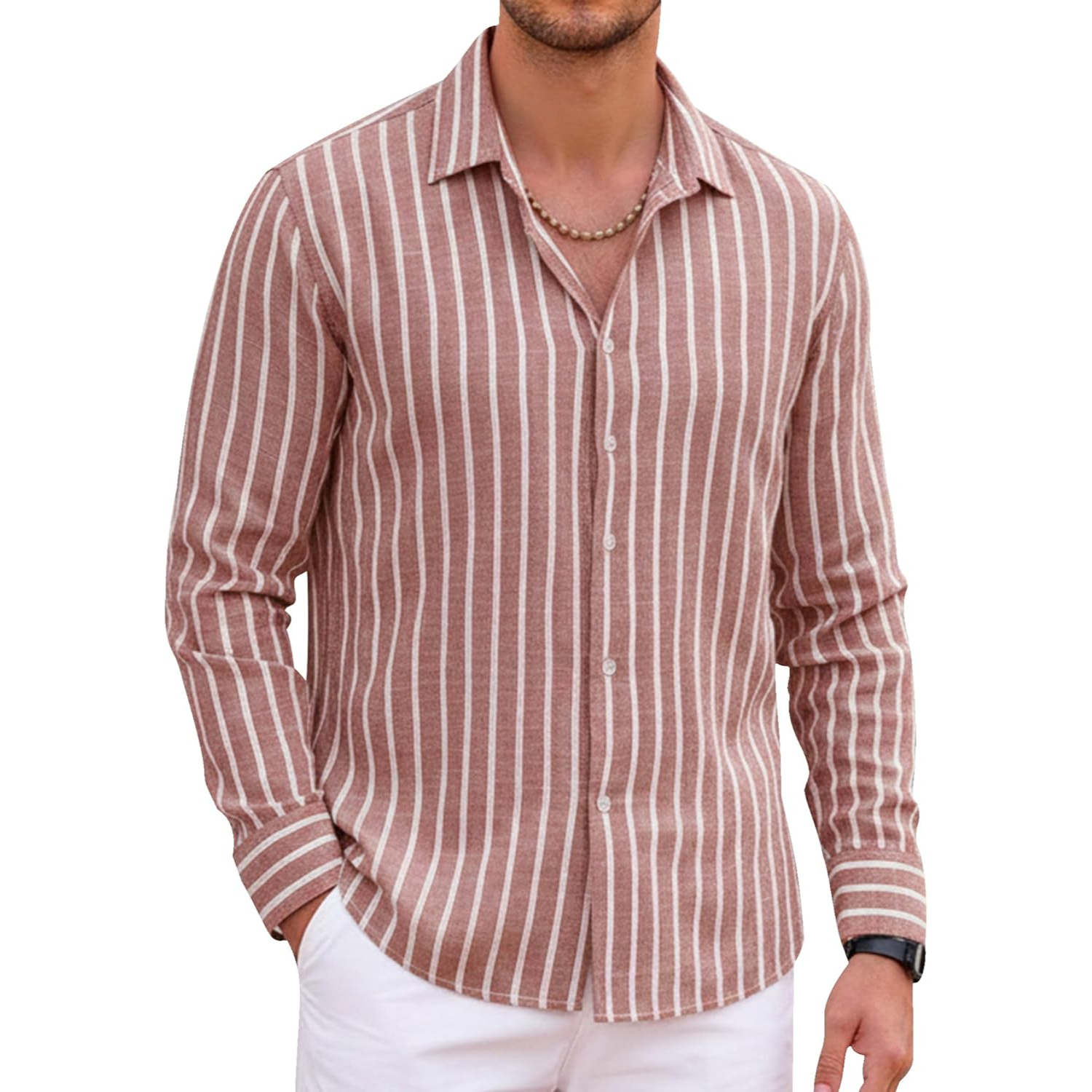 Button Down Beach Style Casual Linen Long Sleeve Shirt 