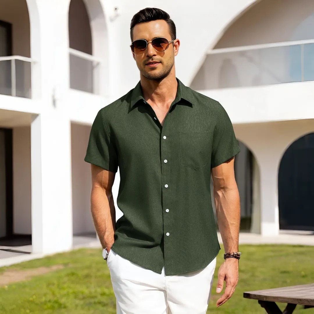 Button Down Short Sleeve Vacation Wear Casual Linen Shirt 