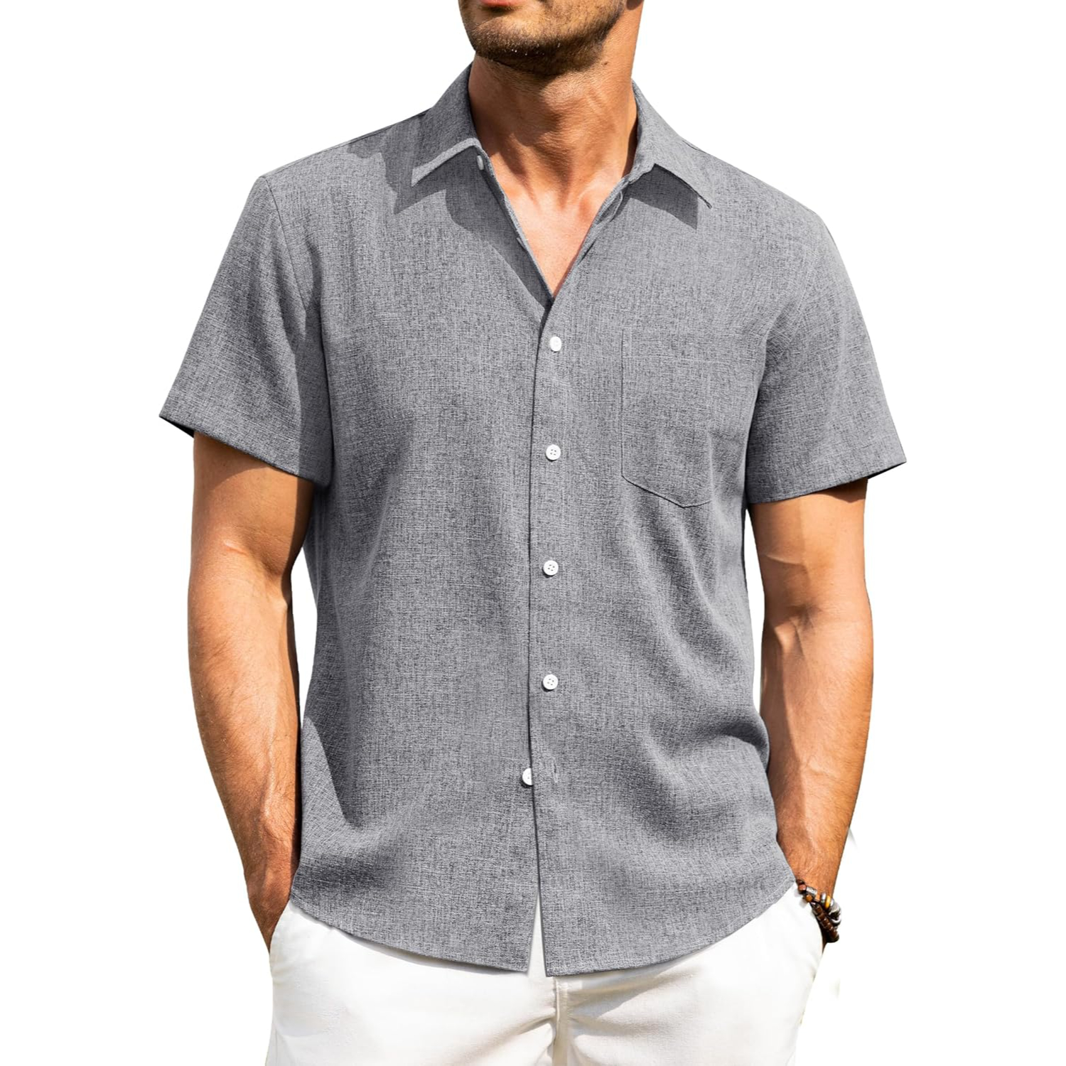 Button Down Short Sleeve Vacation Wear Casual Linen Shirt 