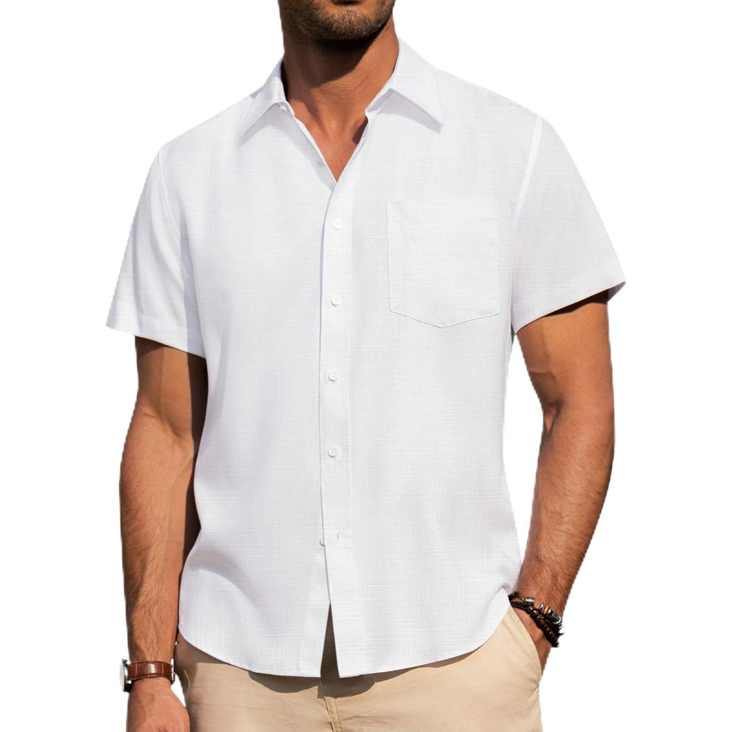 Button Down Short Sleeve Vacation Wear Casual Linen Shirt 