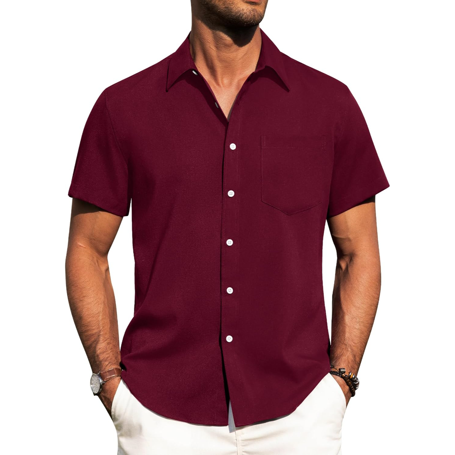 Button Down Short Sleeve Vacation Wear Casual Linen Shirt 