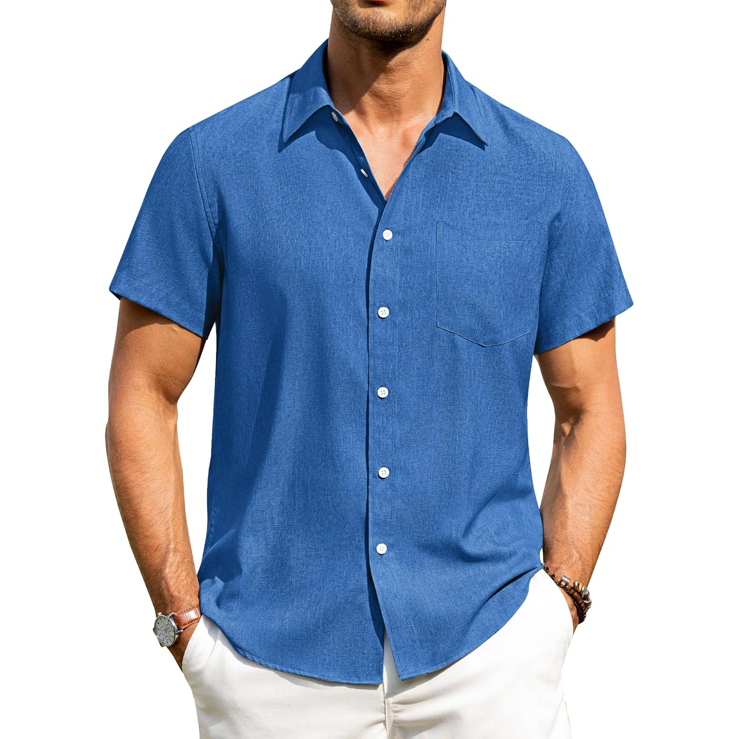 Button Down Short Sleeve Vacation Wear Casual Linen Shirt 