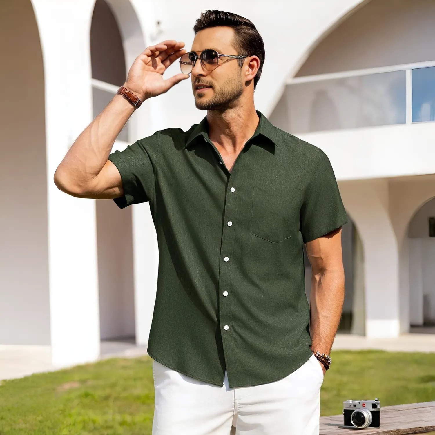 Button Down Short Sleeve Vacation Wear Casual Linen Shirt 