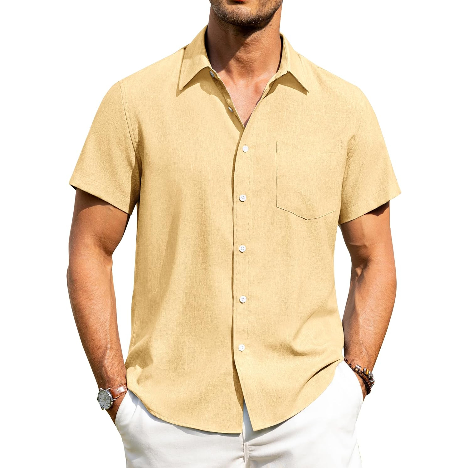 Button Down Short Sleeve Vacation Wear Casual Linen Shirt 