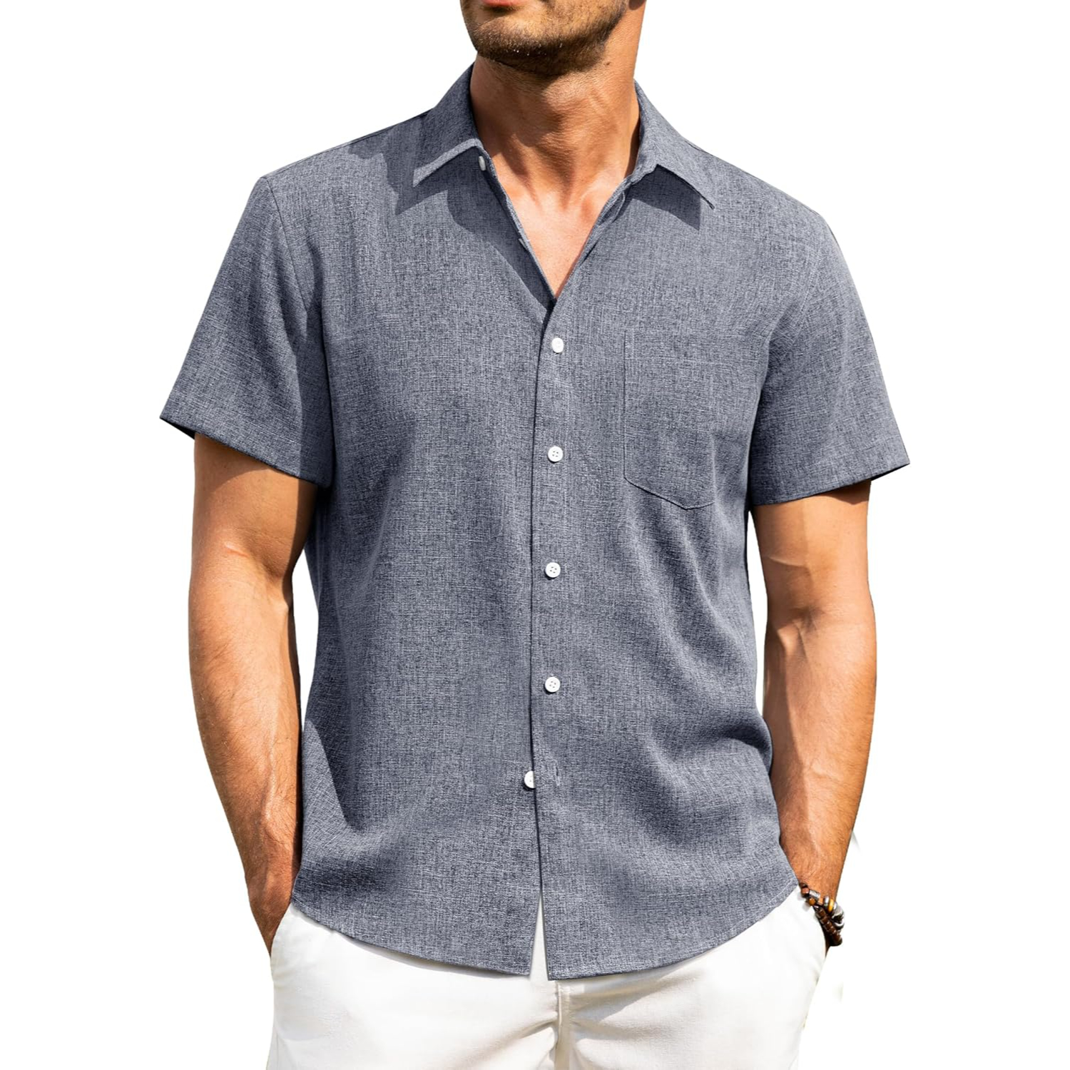 Button Down Short Sleeve Vacation Wear Casual Linen Shirt 