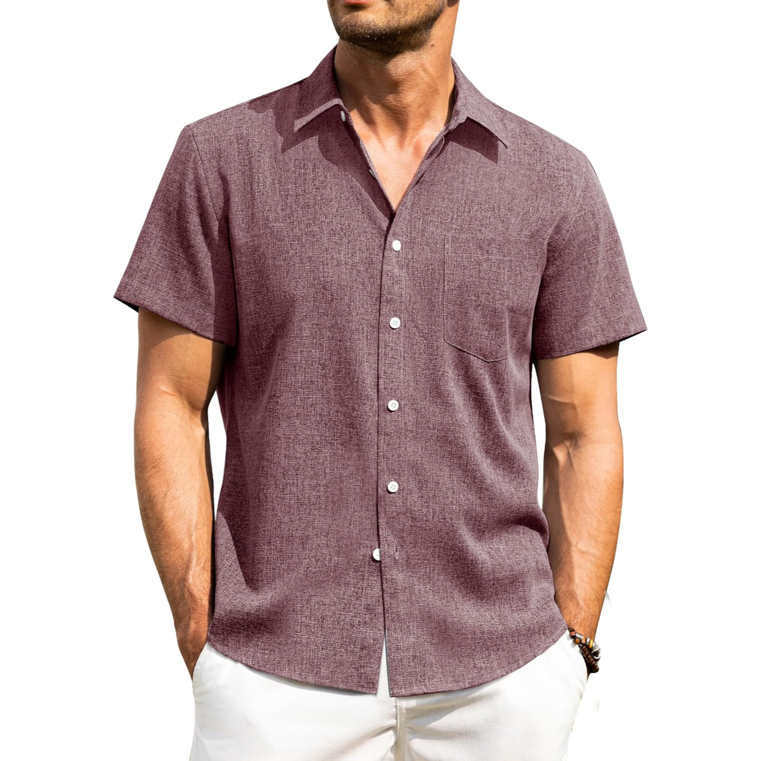 Button Down Short Sleeve Vacation Wear Casual Linen Shirt 