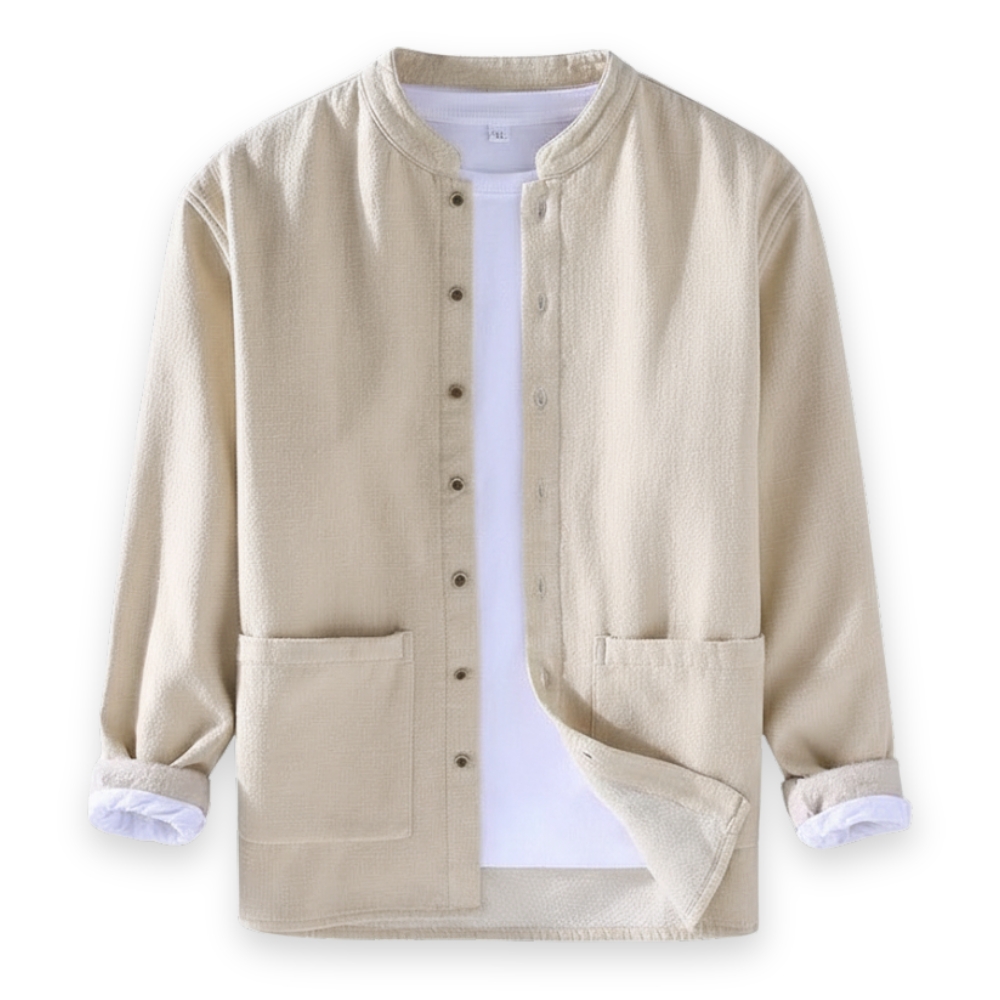Button Front Stand Collar Linen Cotton Blend Jacket