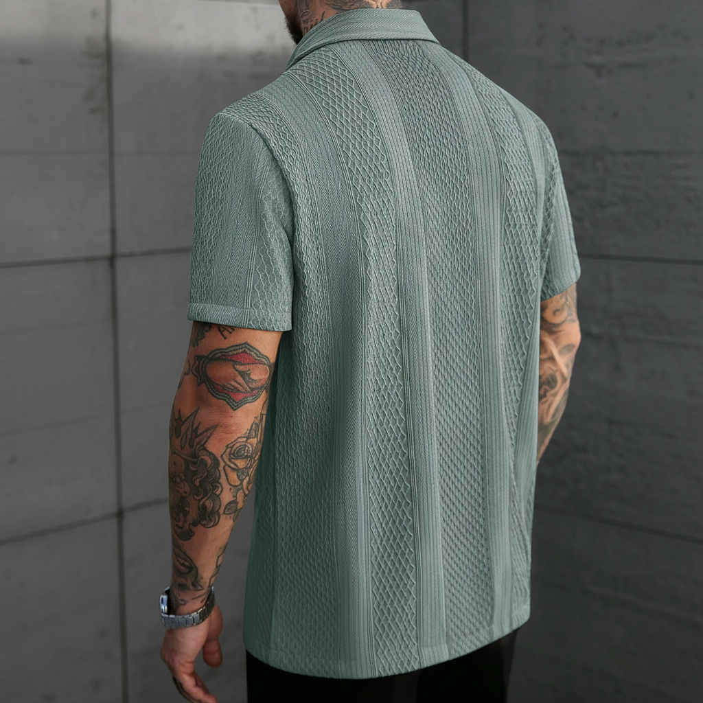 Solid Color Jacquard Knit Short Sleeve Button Front Shirt For Men