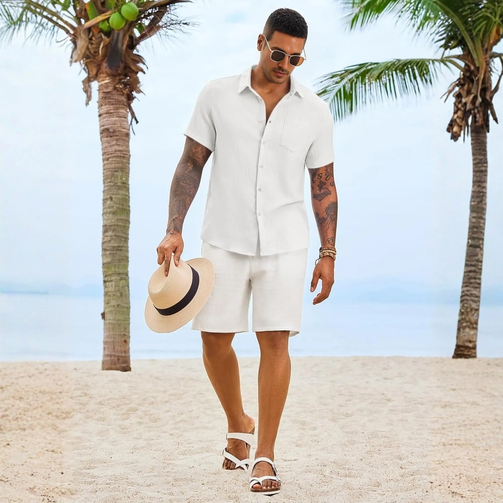 Casual Short Linen Summer Beach Down Shirts Sleeve For Men