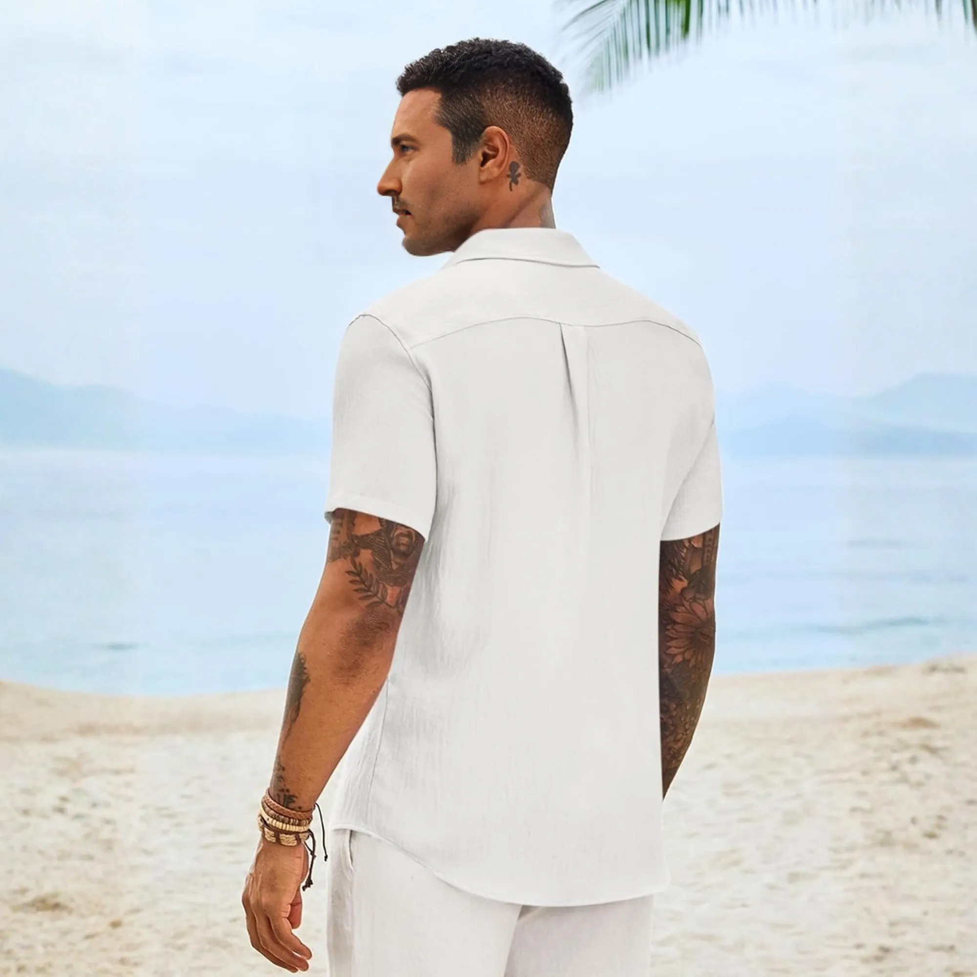 Casual Short Linen Summer Beach Down Shirts Sleeve For Men