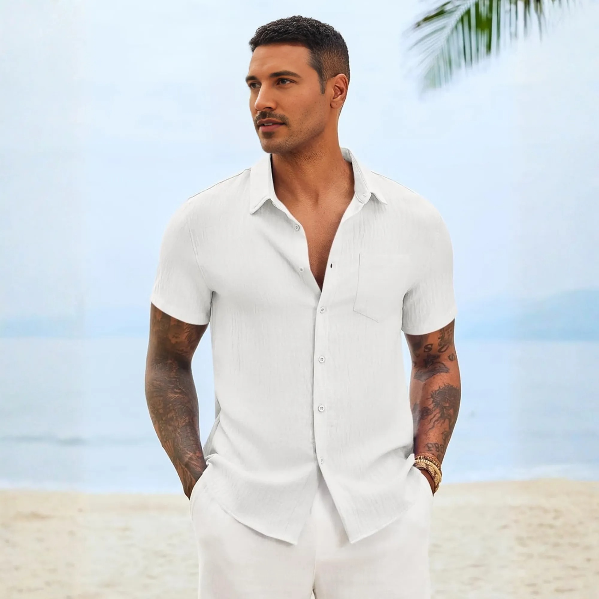 Casual Short Linen Summer Beach Down Shirts Sleeve For Men