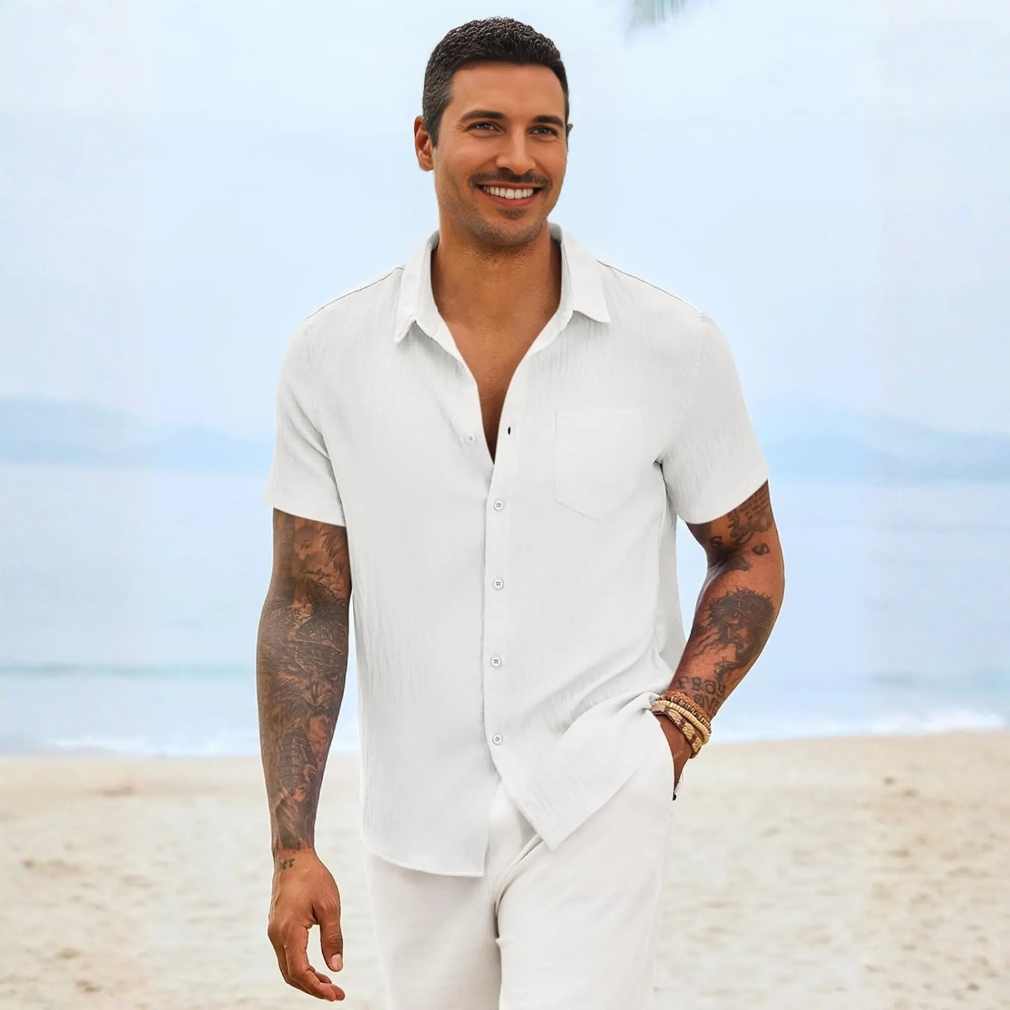Casual Short Linen Summer Beach Down Shirts Sleeve For Men