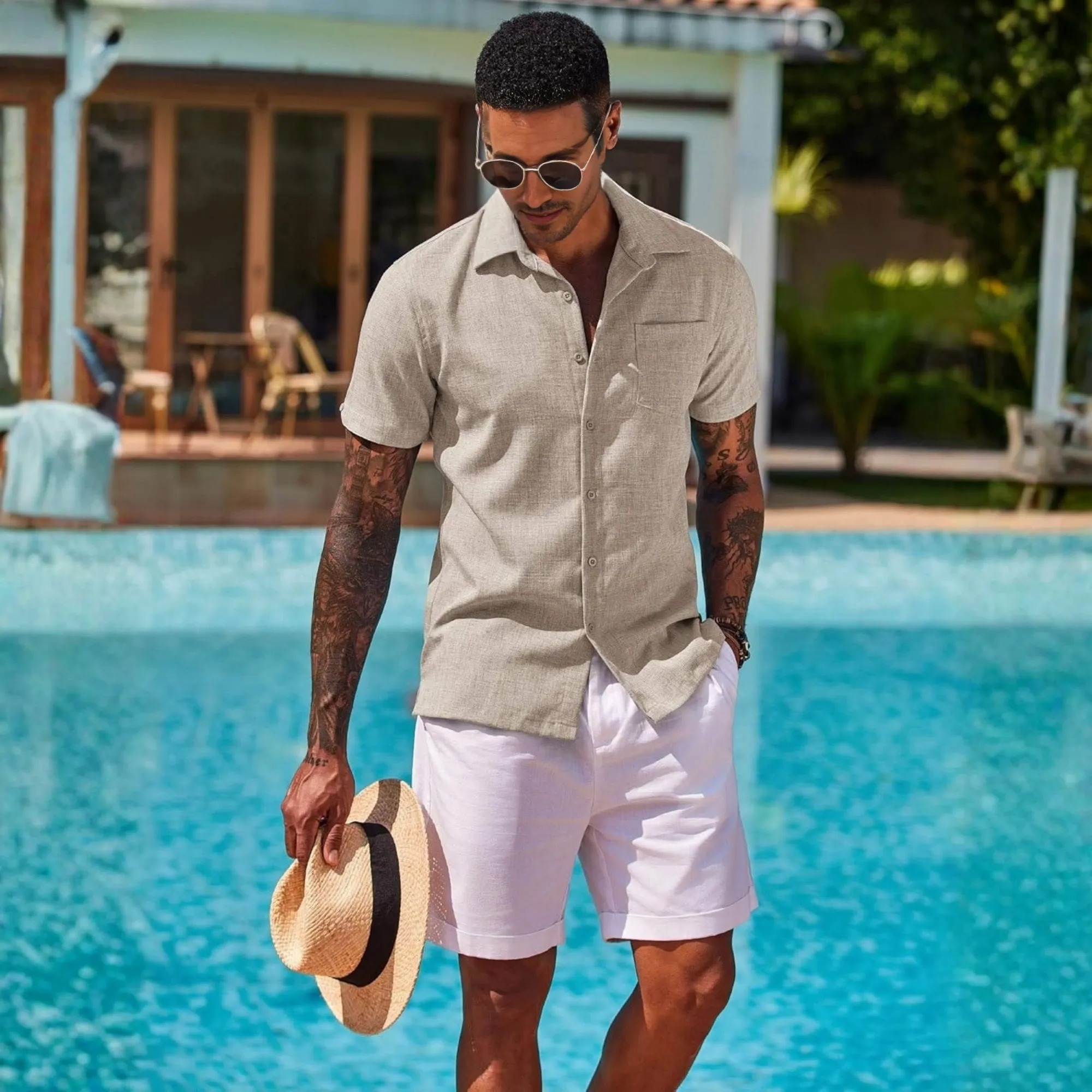 Casual Short Linen Summer Beach Down Shirts Sleeve With Pocket
