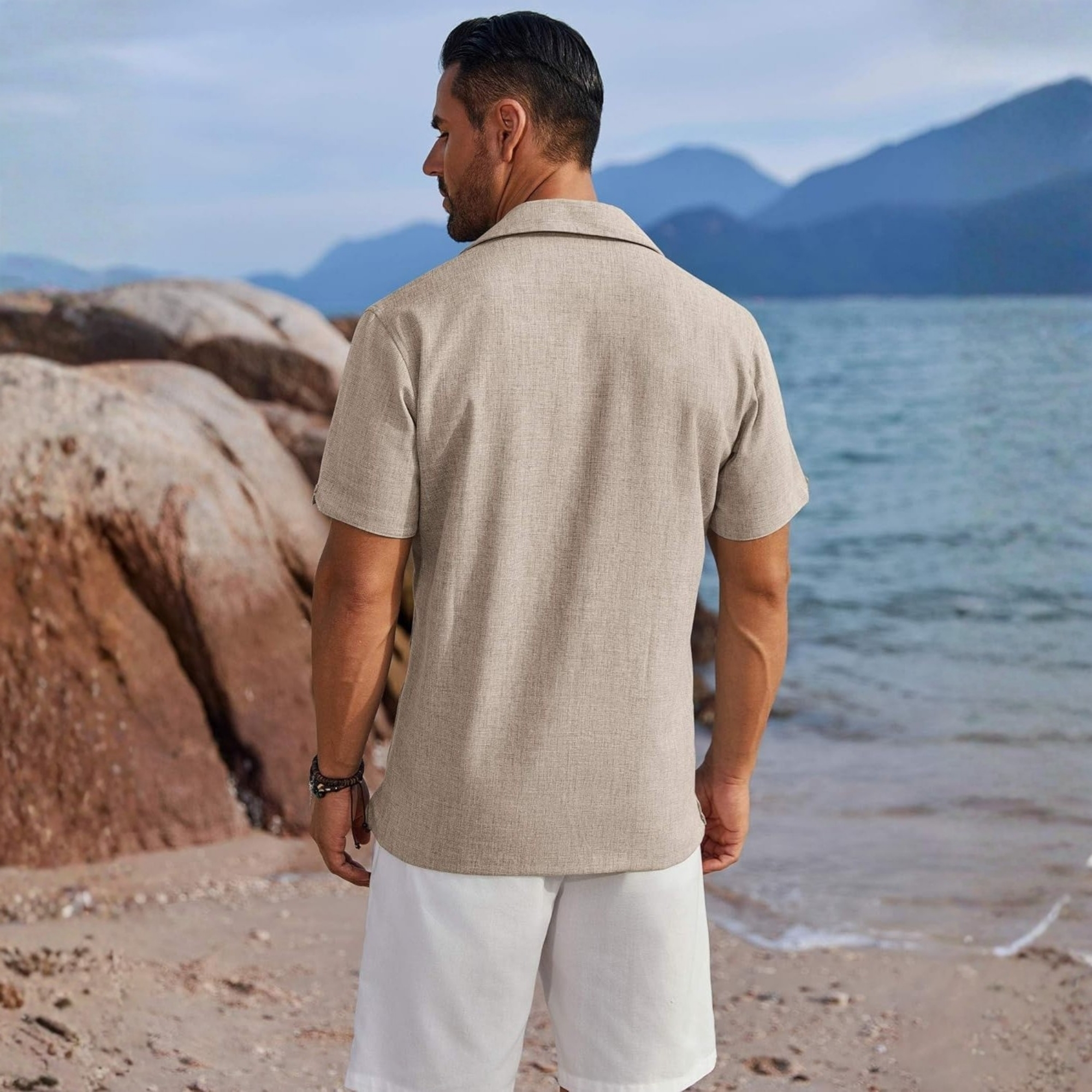 Casual Short Linen Summer Beach Down Shirts Sleeve With Pocket