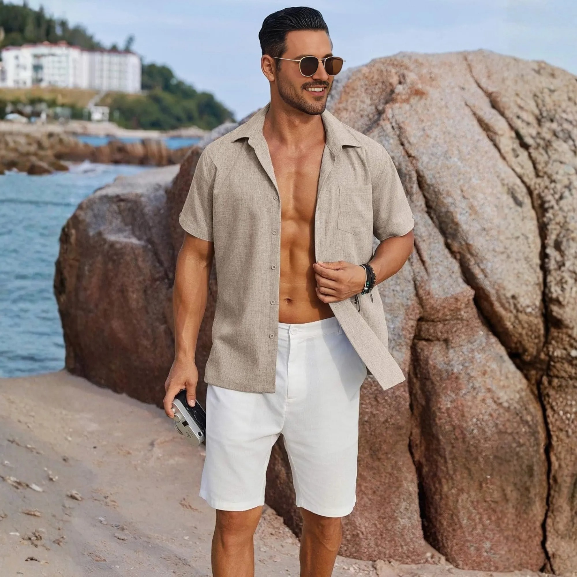 Casual Short Linen Summer Beach Down Shirts Sleeve With Pocket