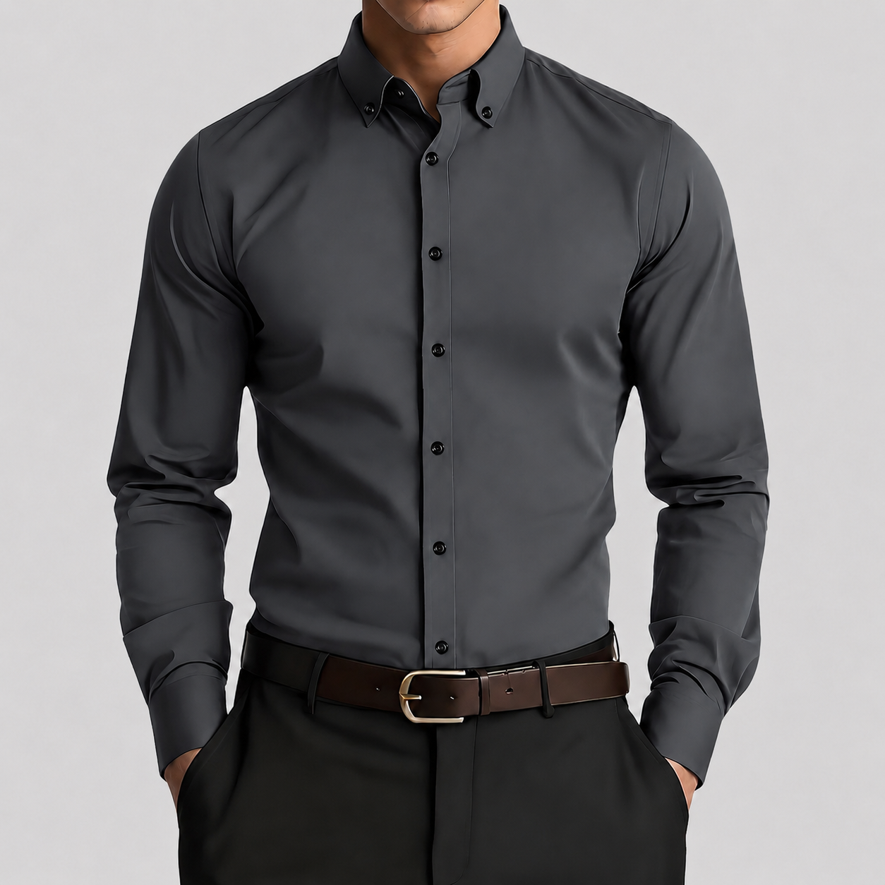 Slim Fit Long Sleeve Button Up Business Shirt for Men