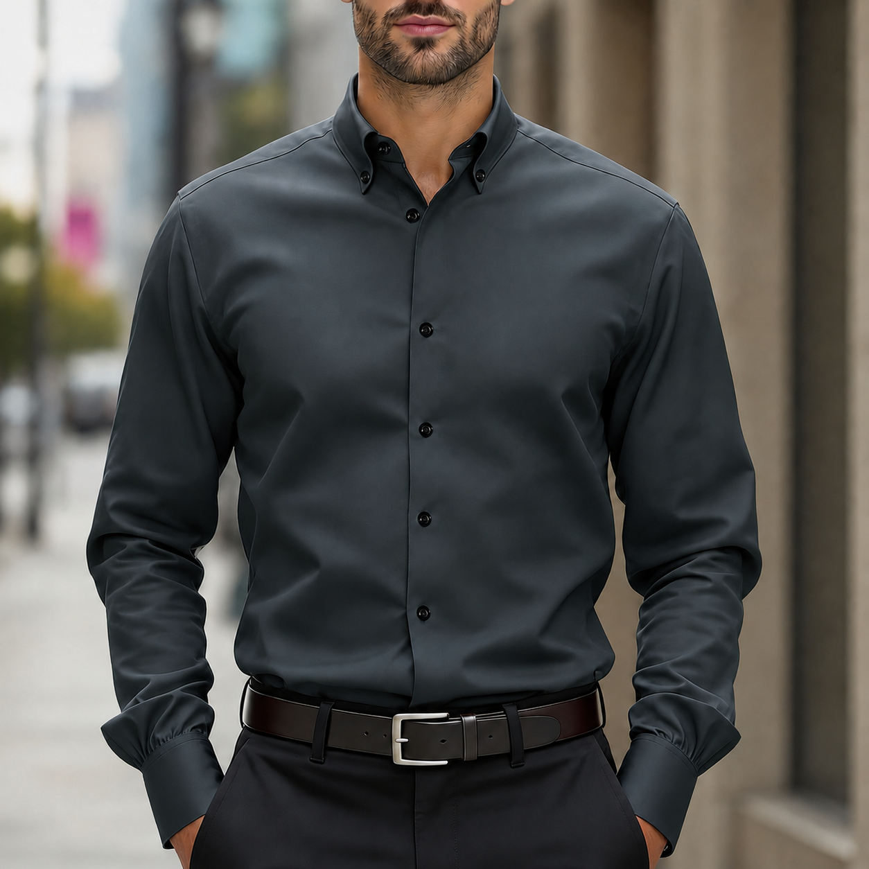 Slim Fit Long Sleeve Button Up Business Shirt for Men