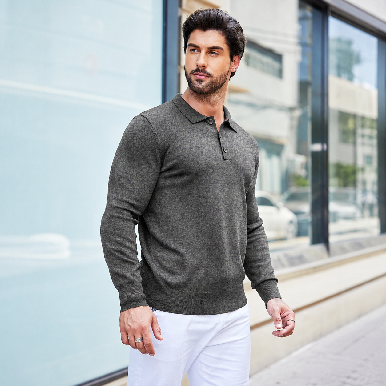 Long Sleeve Front Buttoned Knit Polo Shirt For Men