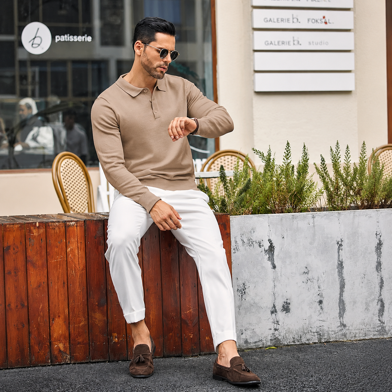 Long Sleeve Front Buttoned Knit Polo Shirt For Men