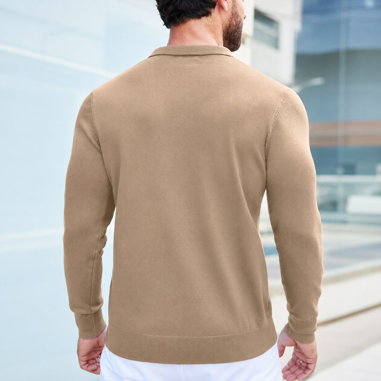 Long Sleeve Front Buttoned Knit Polo Shirt For Men