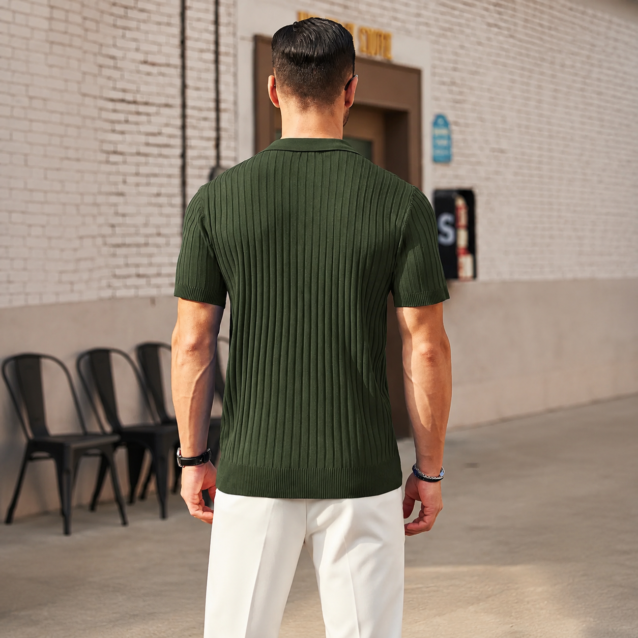 Zipper Ribbed Knit Short Sleeve Polo Shirt For Men