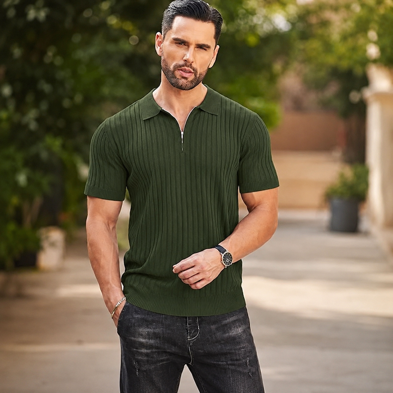 Zipper Ribbed Knit Short Sleeve Polo Shirt For Men